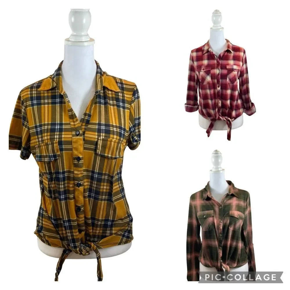 Lot of Three Ladies Plaid Button Down Tie Front Blouses Size Medium/Large